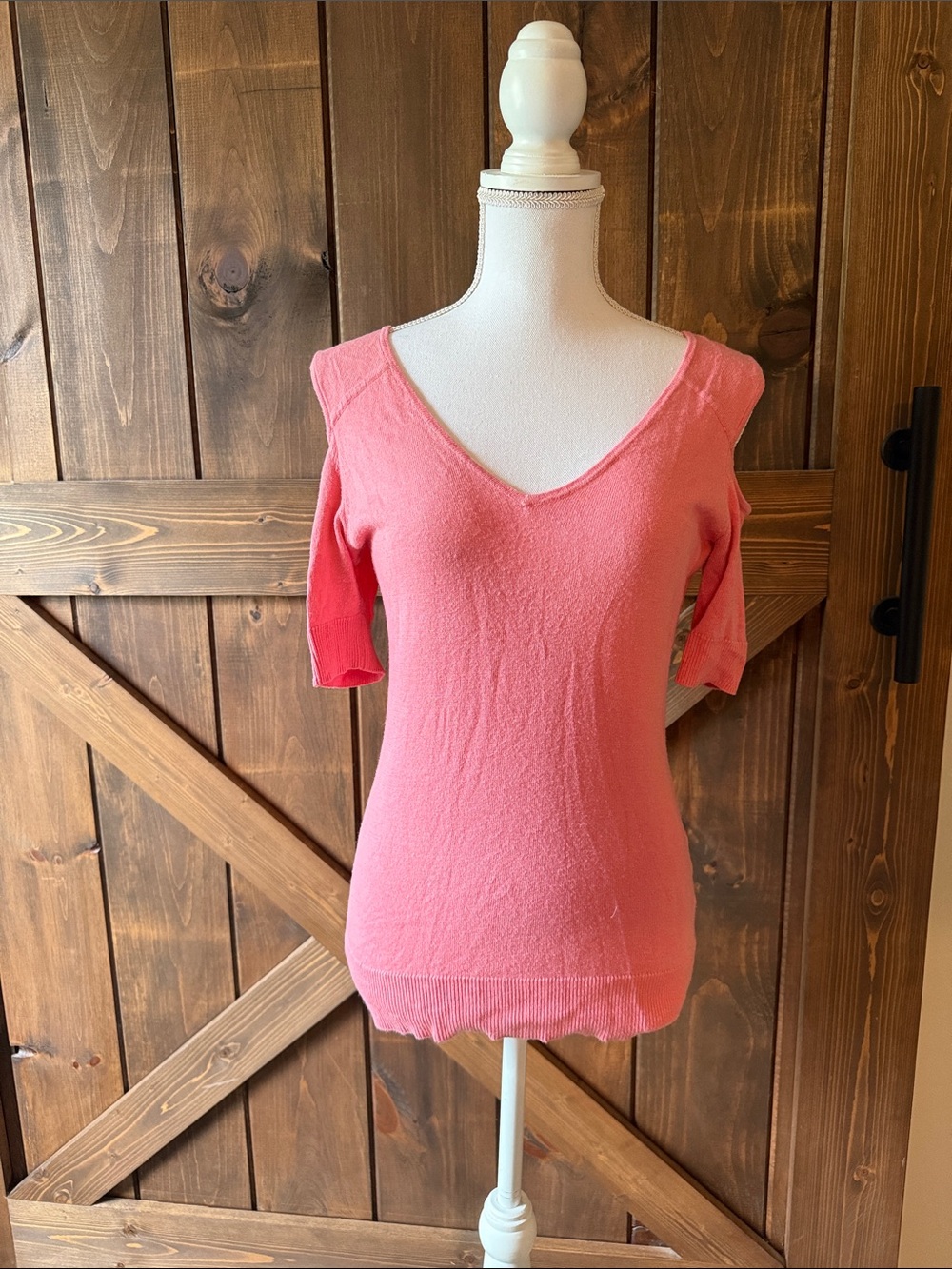 Women's V-Neck Short Sleeve Sweater - Coral Pink with cut out shoulders